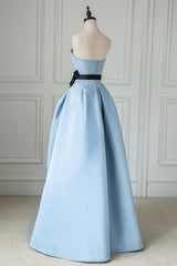 Blue Satin Long Prom Dress High Slit Wedding Party Gown