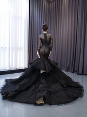 Long Sleeve Black Mermaid Wedding Dresses Ruffle Pageant Gown 241054