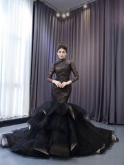 Long Sleeve Black Mermaid Wedding Dresses Ruffle Pageant Gown 241054