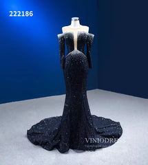 Long Sleeve Black Wedding Dresses Beaded Pageant Dress 222186