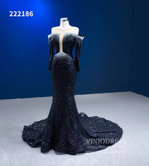 Long Sleeve Black Wedding Dresses Beaded Pageant Dress 222186