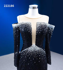 Long Sleeve Black Wedding Dresses Beaded Pageant Dress 222186