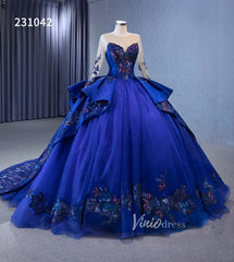 Long Sleeve Blue Ball Gown Wedding Dresses 231042