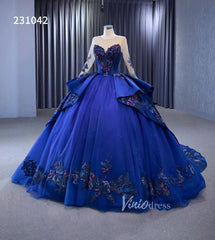 Long Sleeve Blue Ball Gown Wedding Dresses 231042