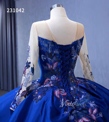Long Sleeve Blue Ball Gown Wedding Dresses 231042