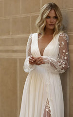 Long Sleeve Boho Flowy Wedding Dress Lace A-Line V-Neck Beach Gown with Split Front and Sweep Train