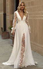 Long Sleeve Boho Flowy Wedding Dress Lace A-Line V-Neck Beach Gown with Split Front and Sweep Train