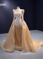 Long Sleeve Champagne Wedding Dresses Removable Overskirt Pageant Gown 231005