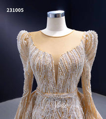 Long Sleeve Champagne Wedding Dresses Removable Overskirt Pageant Gown 231005
