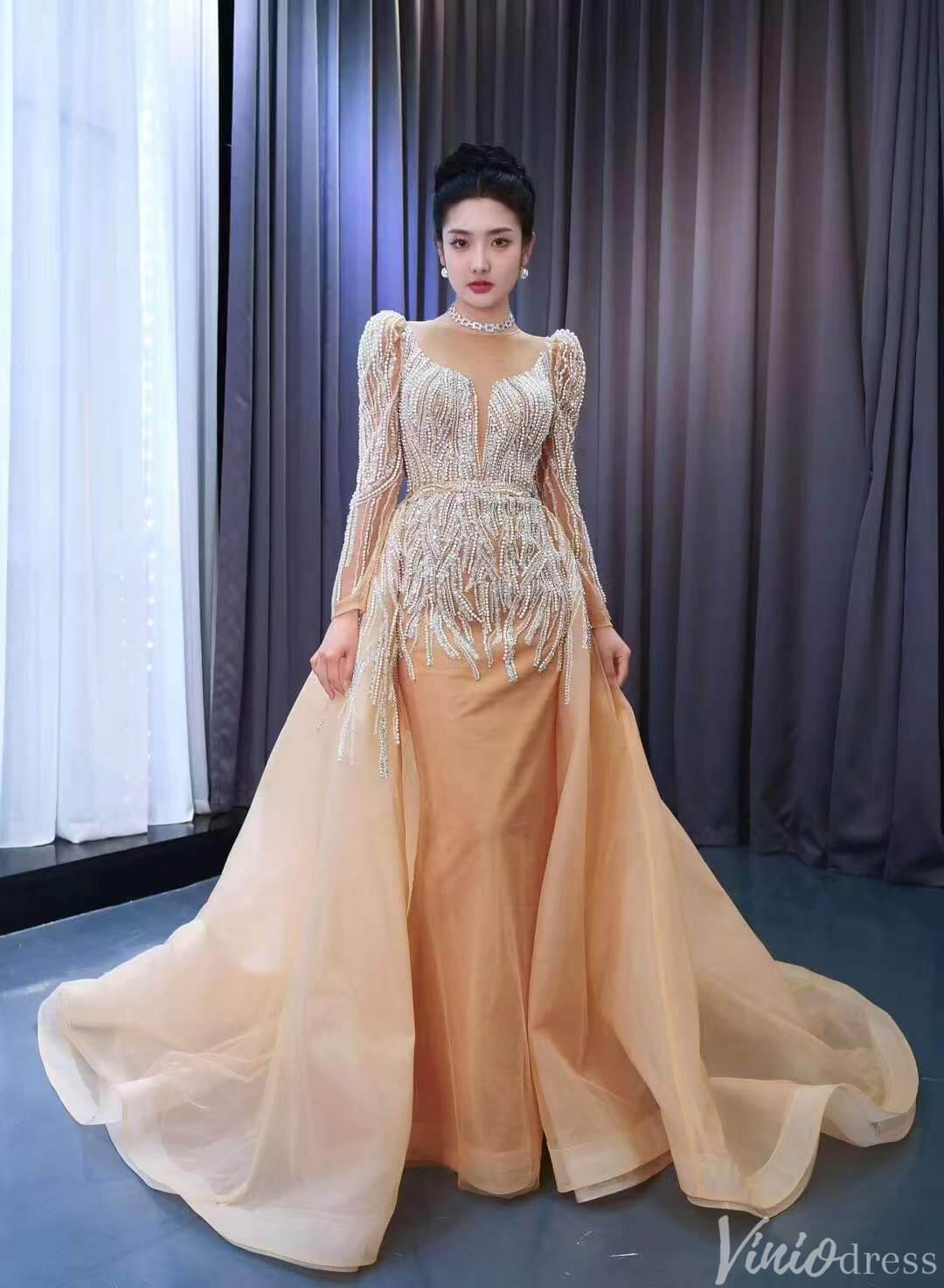 Long Sleeve Champagne Wedding Dresses Removable Overskirt Pageant Gown 231005