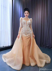 Long Sleeve Champagne Wedding Dresses Removable Overskirt Pageant Gown 231005