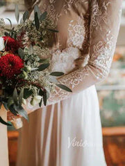 Long Sleeve Country Wedding Dresses Backless Fall Wedding Dress VW1079