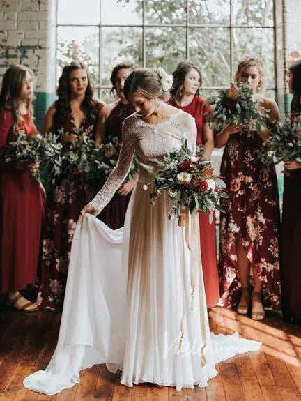 Long Sleeve Country Wedding Dresses Backless Fall Wedding Dress VW1079