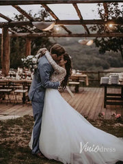 Long Sleeve Floral Wedding Dresses Rustic Bridal Dress Viniodress VW1117