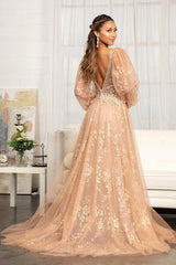 Long Sleeve Formal Glitter Evening Prom Dress