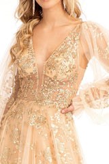 Long Sleeve Formal Glitter Evening Prom Dress