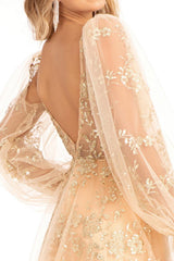 Long Sleeve Formal Glitter Evening Prom Dress