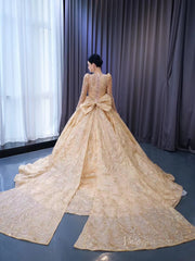Long Sleeve Gold Ball Gown Wedding Dresses with Bow 222231