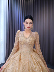 Long Sleeve Gold Ball Gown Wedding Dresses with Bow 222231