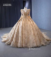 Long Sleeve Gold Ball Gown Wedding Dresses with Bow 222231