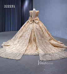 Long Sleeve Gold Ball Gown Wedding Dresses with Bow 222231