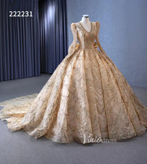 Long Sleeve Gold Ball Gown Wedding Dresses with Bow 222231