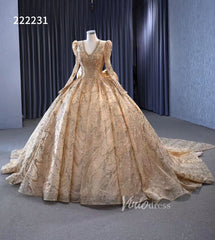 Long Sleeve Gold Ball Gown Wedding Dresses with Bow 222231