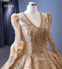 Long Sleeve Gold Ball Gown Wedding Dresses with Bow 222231