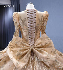 Long Sleeve Gold Ball Gown Wedding Dresses with Bow 222231