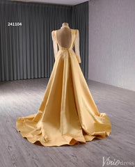 Long Sleeve Gold Formal Dresses Overskirt Wedding Dress with slit Open Back 241104