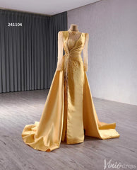 Long Sleeve Gold Formal Dresses Overskirt Wedding Dress with slit Open Back 241104