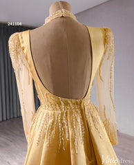 Long Sleeve Gold Formal Dresses Overskirt Wedding Dress with slit Open Back 241104