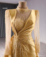 Long Sleeve Gold Formal Dresses Overskirt Wedding Dress with slit Open Back 241104