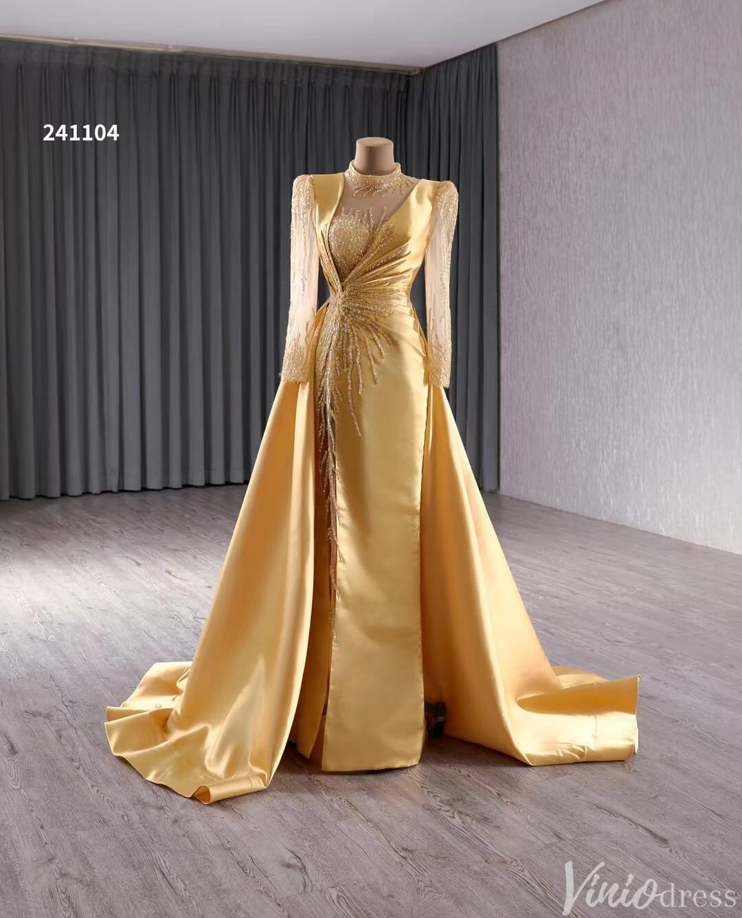 Long Sleeve Gold Formal Dresses Overskirt Wedding Dress with slit Open Back 241104
