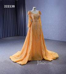 Long Sleeve Gold Wedding Dresses Removable Overskirt Pageant Dress 222138