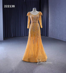 Long Sleeve Gold Wedding Dresses Removable Overskirt Pageant Dress 222138