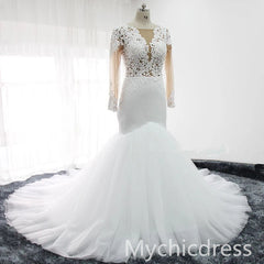 Mermaid Lace Long Sleeves Brial Wears Appliques Tulle Gowns