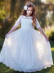 Long Sleeve Jewel A-Line Floor Length Flower Girl Dress