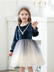 Long Sleeve Jewel Ball Gown Knee Length Flower Girl Dress with Crystals and Tulle Velvet