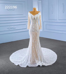 Long Sleeve Lace Mermaid Wedding Dresses with Pearls 222196
