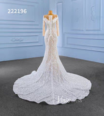 Long Sleeve Lace Mermaid Wedding Dresses with Pearls 222196