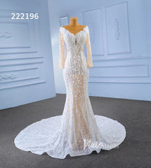 Long Sleeve Lace Mermaid Wedding Dresses with Pearls 222196