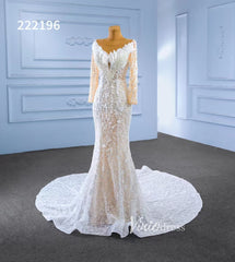 Long Sleeve Lace Mermaid Wedding Dresses with Pearls 222196