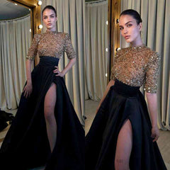 Long Sleeves Mermaid Prom Dress Black Satin Evening Dress with Slit