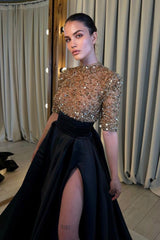 Long Sleeves Mermaid Prom Dress Black Satin Evening Dress with Slit