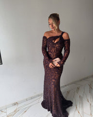 Modest Lace Prom Dresses Long Sleeves Formal Gown