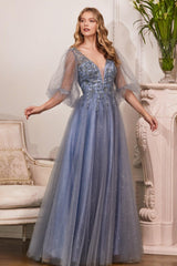 Cinderella Divine CD0182 Long Sleeve Mother of the Bride Long Tulle Dress