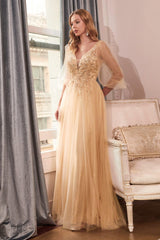 Cinderella Divine CD0182 Long Sleeve Mother of the Bride Long Tulle Dress