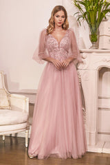 Cinderella Divine CD0182 Long Sleeve Mother of the Bride Long Tulle Dress