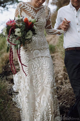 Long Sleeve Nude Boho Wedding Dresses Sheath Lace Bohemian Bridal Gown RDS001